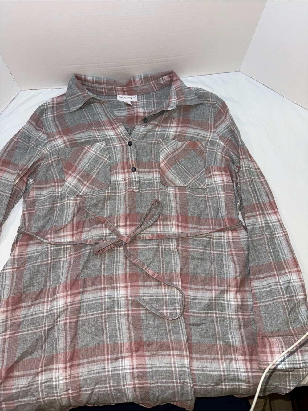 Liz Lange Maternity Pink and Gray Plaid Button-Front Top